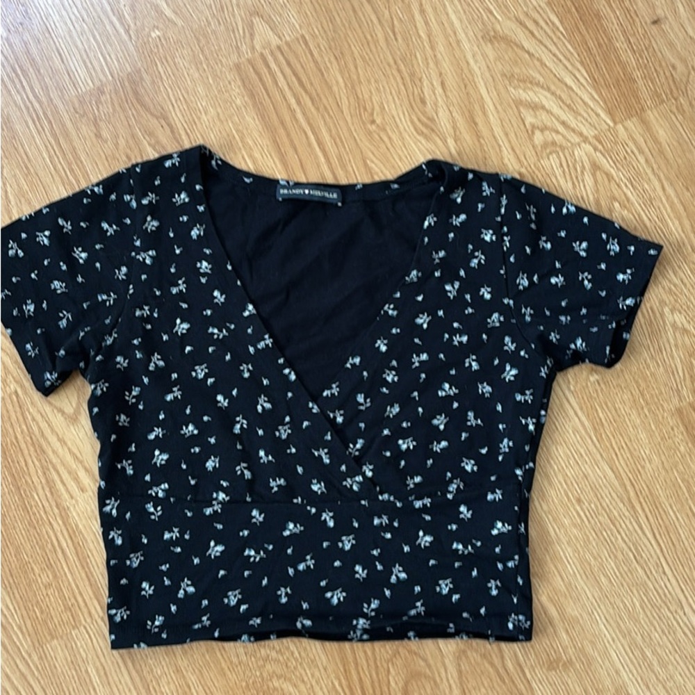 Brandy Melville navy blue cropped Amara Top with Subtle Floral Accents